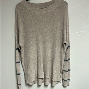 American Eagle Outfitters Cream and Gray Crew Neck Sweater with Striped Sleeves